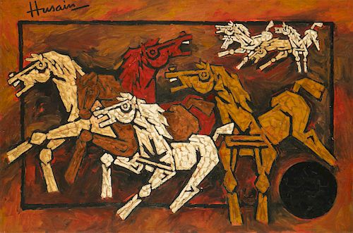 M.F. Husain (Indian, 1913-2011) "Horses", 2000