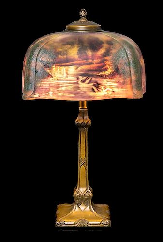 * Pittsburgh Lamp, Brass and Glass Company, American, Early 20th Century, Reverse Painted Lamp Depicting Pond Scene with Swans