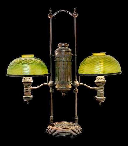 Tiffany Studios, American, Early 20th Century, Student Lamp having Damascene glass shades and bronze base cast by Manhattan Bras