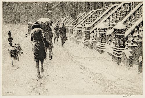 Martin Lewis (American, 1881-1962)  Stoops in Snow