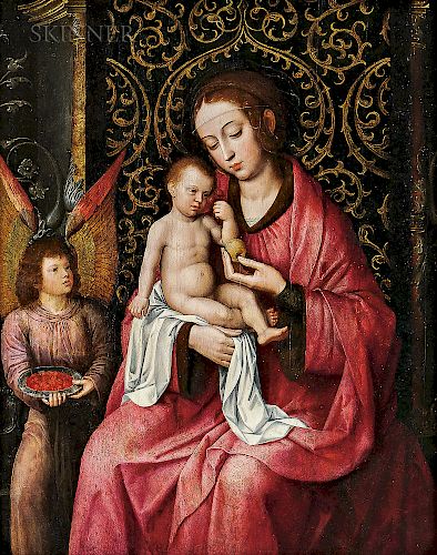 School of Ambrosius Benson (Flemish, c. 1495-1550)  Virgin and Child with Angel and Bowl of Cherries