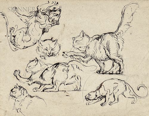 Circle of Eugène Delacroix (French, 1798-1863)  Studies of Cats and Lions/Two Goats: A Double-sided Sketch