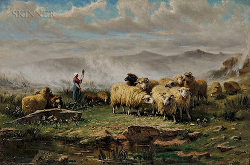 August Friedrich Albrecht Schenck (Danish, 1828-1901)  Shepherdess and Flock in a Misty Meadow