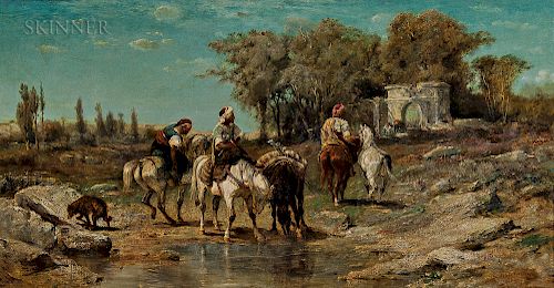Adolph Schreyer (French/German, 1828-1899)  Arab Horsemen at a Watering Hole