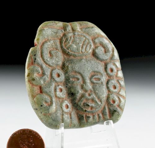 Mayan Carved Green Stone Pendant with Cinnabar
