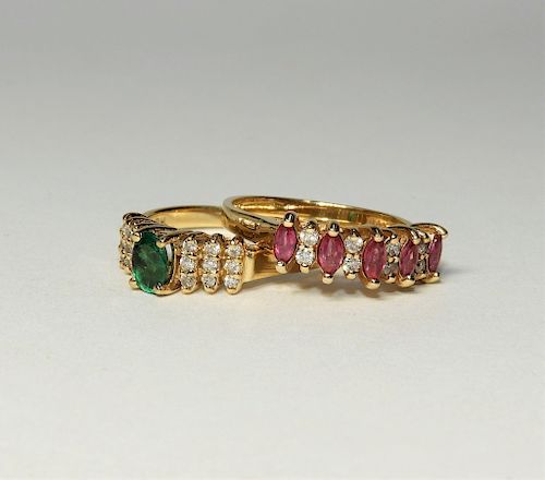 Two Estate 14KT Gold Diamond Emerald Ruby Rings
