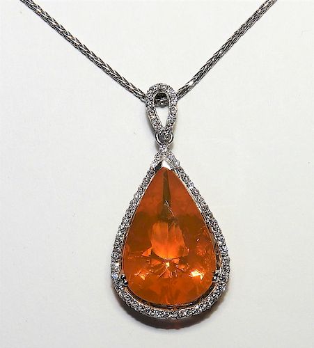 10.2ct Fire Opal Diamond Platinum Pendant Necklace