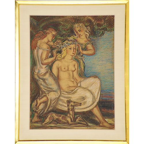 RENE BUTHAUD Untitled cartoon, nude with maidens