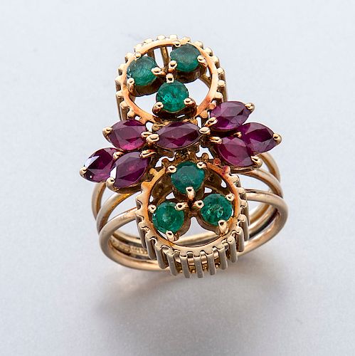 Retro 14K gold, emerald and ruby ring.