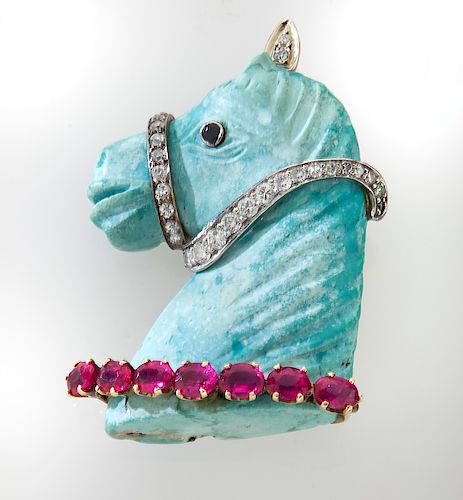 Deco diamond, ruby, turquoise horsehead brooch