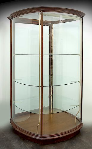 Mahogany curved glass shop display case,