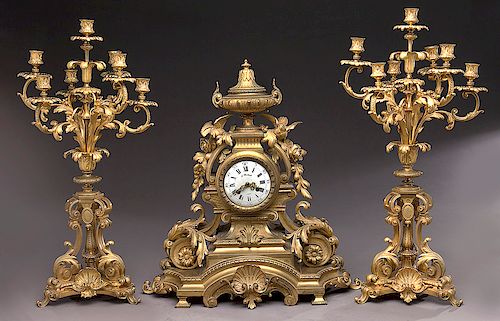 19th C. French 3-piece dore bronze clock set,