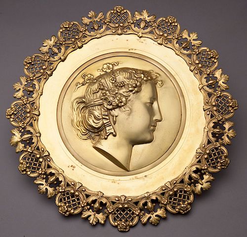 Large 19th C. French dore bronze portrait plaque,