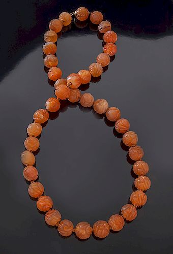 Chinese Qing carved carnelian necklace.