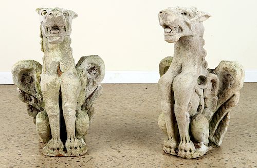 PAIR VICENZA STONE WINGED GRIFFIN STATUES 1920