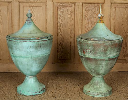 PAIR COPPER GARDEN URNS REMOVABLE COVERS