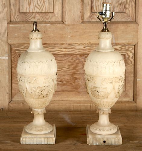 NEAR PAIR CARVED ALABASTER TABLE LAMPS 1900