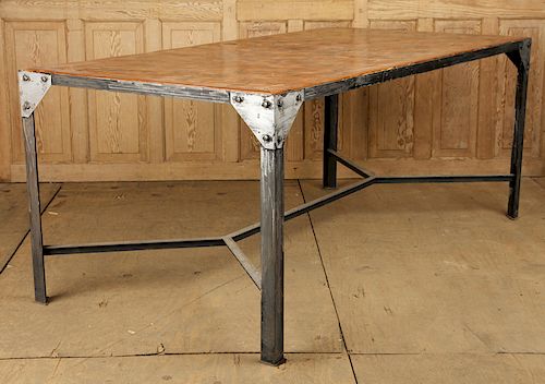 LARGE IRON TABLE PARQUETRY WOOD TOP