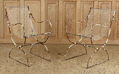 PAIR WROUGHT IRON GARDEN CHAIRS WIRE SEATS 1940