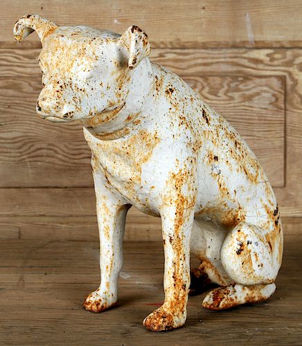 PAINTED WHITE CAST IRON GARDEN ORNAMENT DOG
