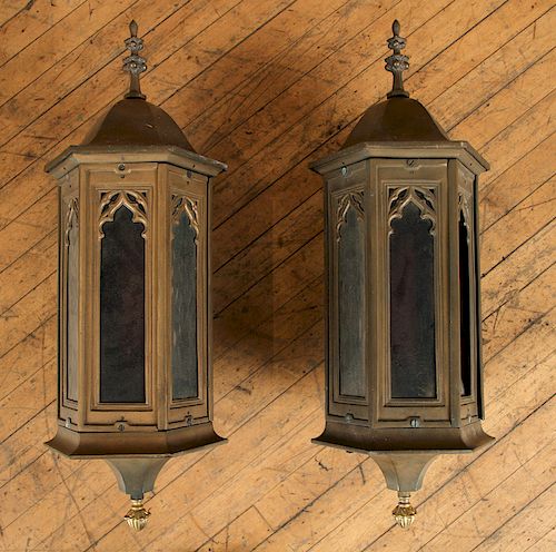 PAIR OF BRONZE GOTHIC STYLE WALL LANTERNS 1930