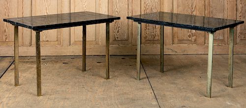 PAIR BRASS INLAID MARBLE TOP SIDE TABLES
