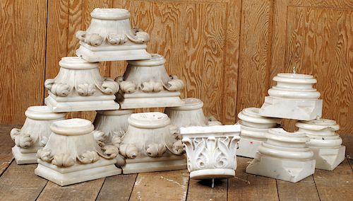 NINE CARVED MARBLE CAPITALS WITH FOUR BASE PIECES
