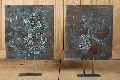 PAIR COPPER PRINTING PLATES MUSEUM STYLE STANDS