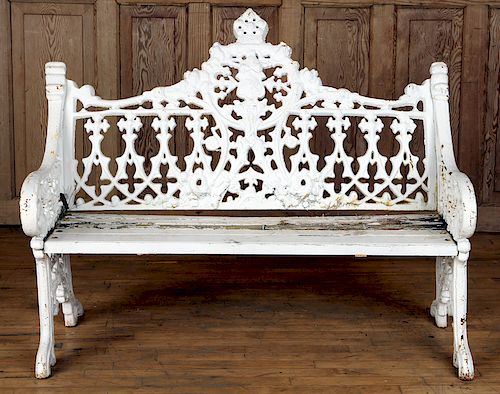 A GOTHIC STYLE IRON AND WOOD GARDEN BENCH