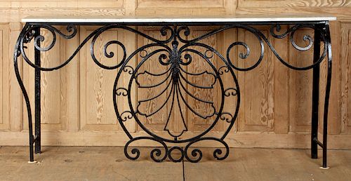 CREAM MARBLE TOP BLACK WROUGHT IRON CONSOLE