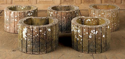 FIVE FRENCH CAST STONE FLUTED GARDEN PLANTERS