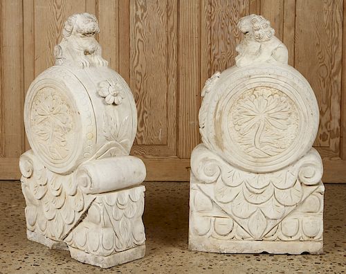 PAIR CARVED MARBLE FOO DOG GARDEN STONES