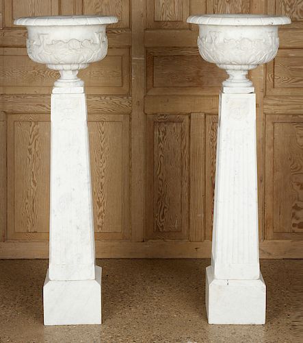 PAIR MARBLE NEOCLASSICAL DOLPHIN GARDEN URNS