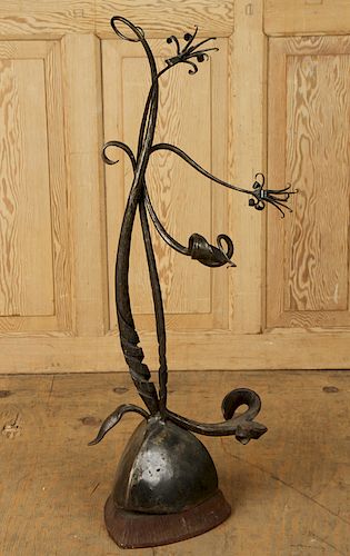 ABSTRACT IRON SCULPTURE ON CARVED WOOD BASE