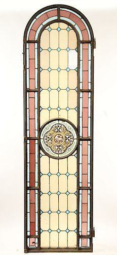 ARCHED TOP LEADED PAINTED GLASS WINDOW C.1900