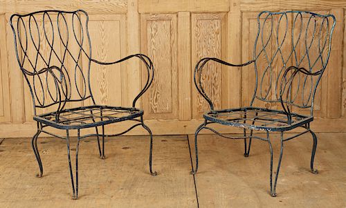 PAIR PAINTED BLUE IRON GARDEN CHAIRS 1940