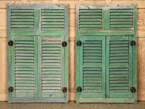 PAIR GREEN PAINTED WOOD SHUTTERS IRON HINGES