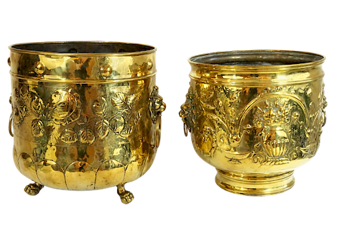 Two English Repousse Jardineres with Lion Handles 