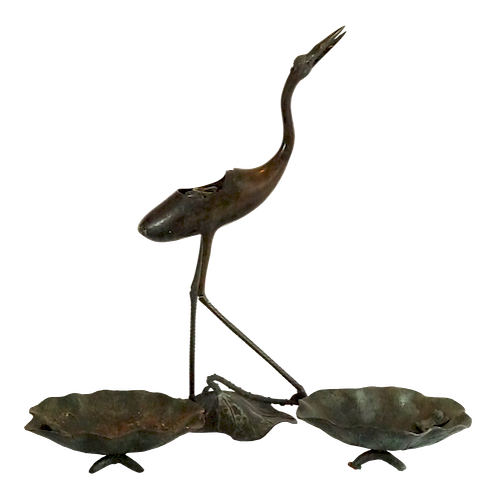 Bronze Heron Garden Sculpture and Lily Pads