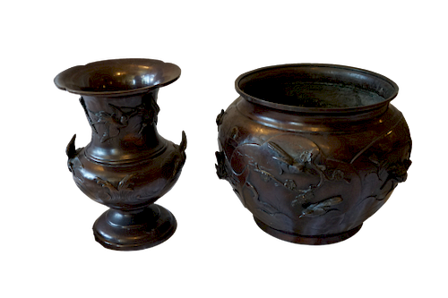 Two Japanese Meiji Bronze Vases, Yoshida Signed 