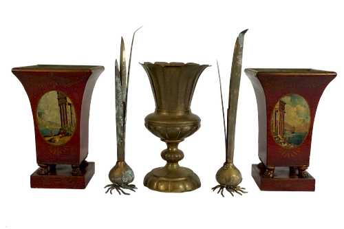 Pair of French Tole Planters and Brass Urn and Floral Stems