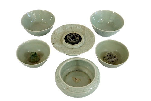 Chinese Celedon Glazed Ceramic Planters, Six 