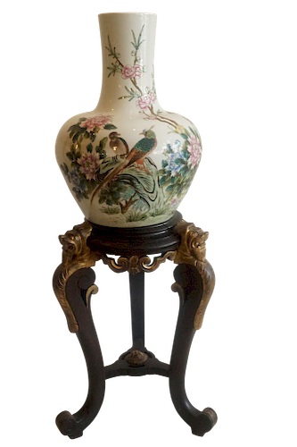 Chinese Famille Rose Floral Vase & Stand, Qing Dynasty