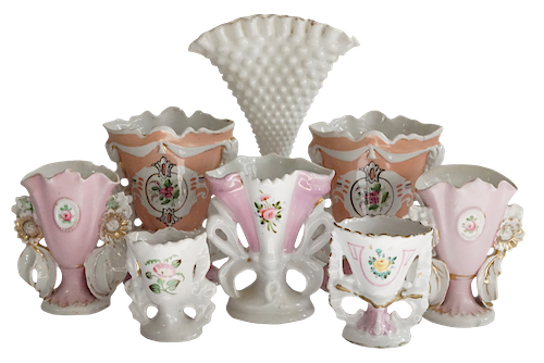 Seven Paris Porcelain Flower Vases and Milk Glass Vase 