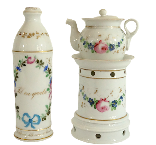 European Porcelain Teapot and Warmer and Apothecary Bottle 