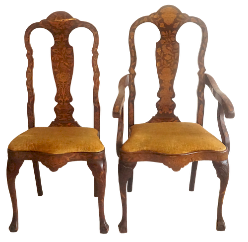 Pair of Dutch Marquetry Armchairs with Flowers and Birds