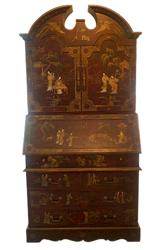 Red Lacquered Chinoiserie  Secretary 
