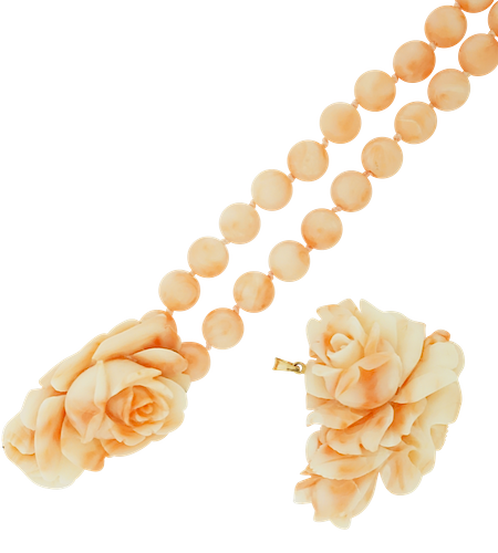 Floral Carved Coral Bracelet and Pendant