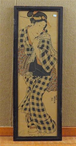 Geisha in Checkered Kimono Watercolor on Paper