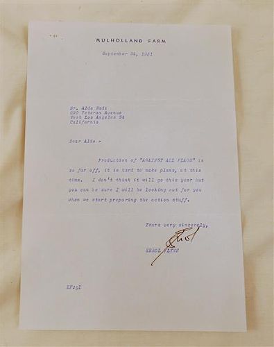 Autograph Errol Flynn Letter to Aldo Nadi Signed 